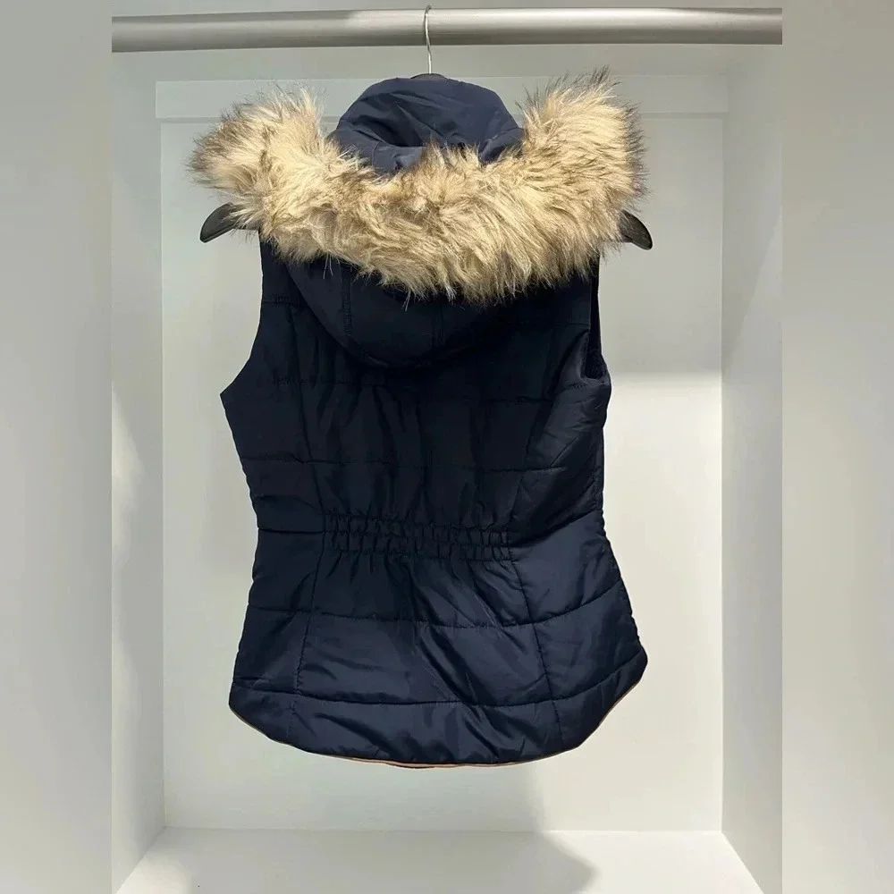 PRINCE & FOX navy puffer vest zip snaps removable fur trim hood pockets Small